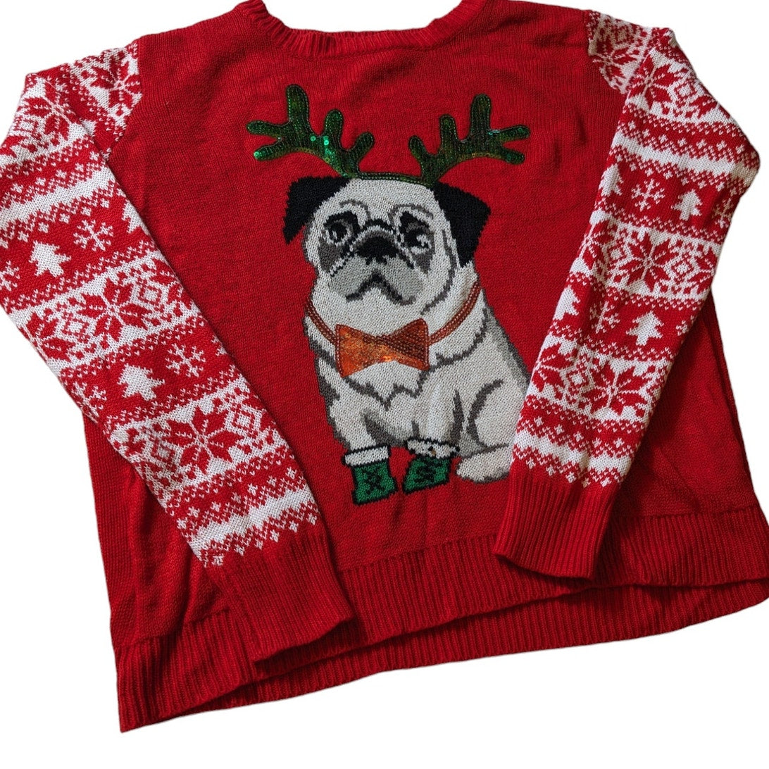 Absolutely Famous Ugly Christmas Sweater Womens XL Festive Pug Snowflake Holiday