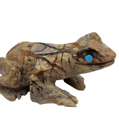 Native American Zuni Frog Fetish Picasso Marble Carving Turquoise Inlay Totem