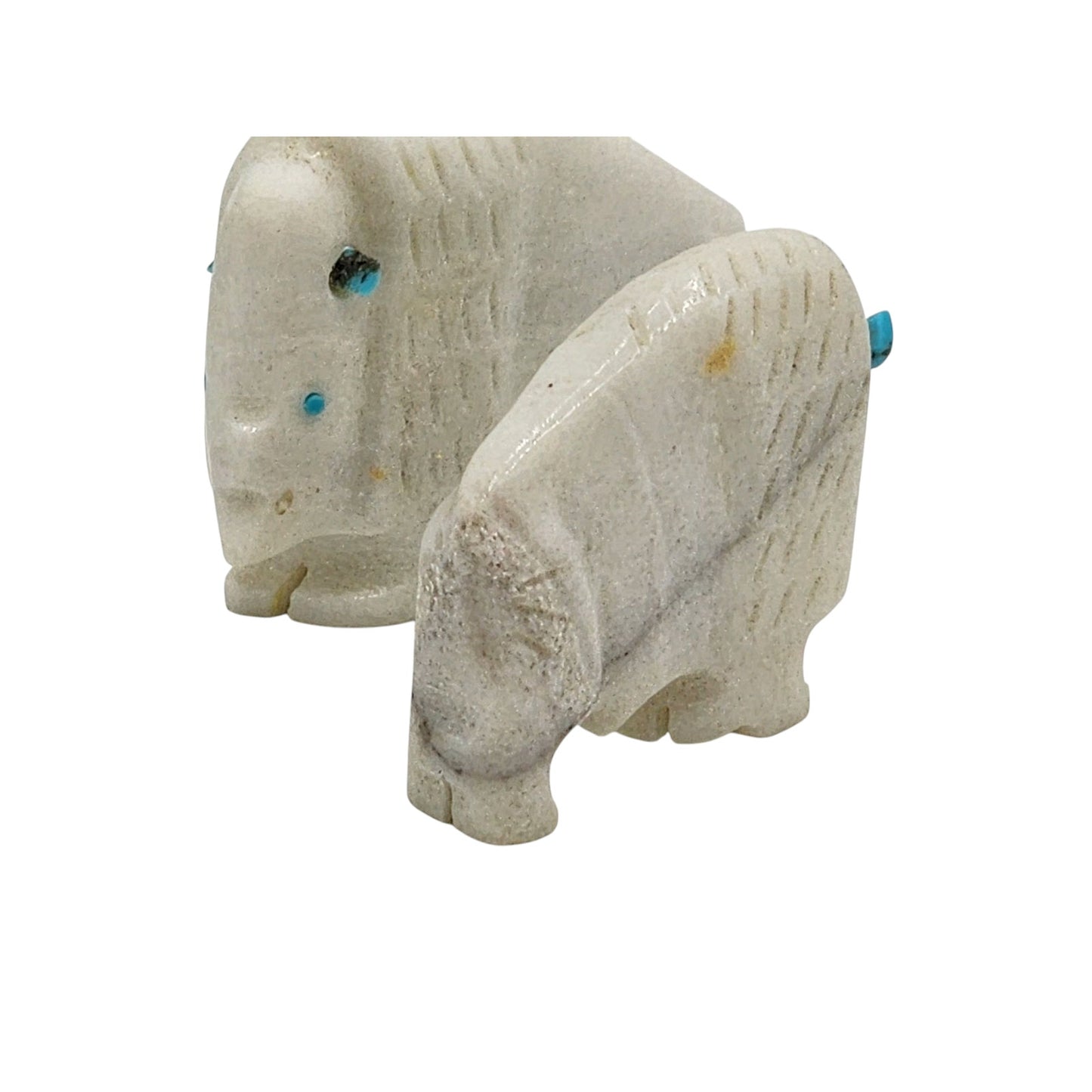 Native American Zuni White Buffalo Fetish Pair Carved Alabaster Turquoise Horns