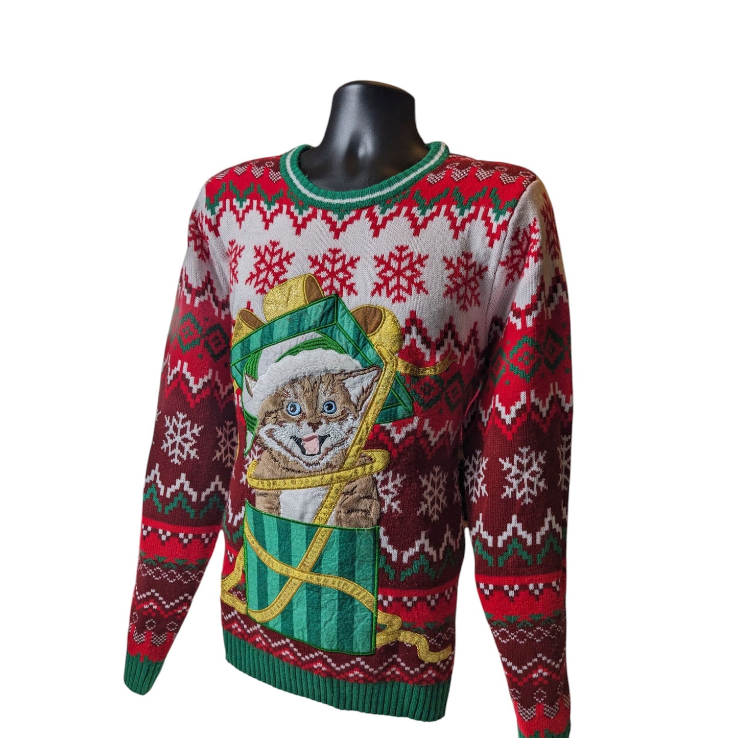 Holiday Time Ugly Christmas Sweater Mens Large Womens L-XL Kitten Cat Sweatshirt