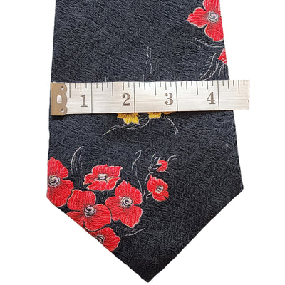 Vintage Mens Tie Black Red Yellow Floral Design Necktie Retro Cottagecore Y2K