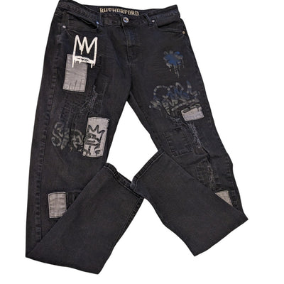 Rutherford Skinny Fit Jeans Mens 34 Distressed Graffiti Patches Streetwear Bold