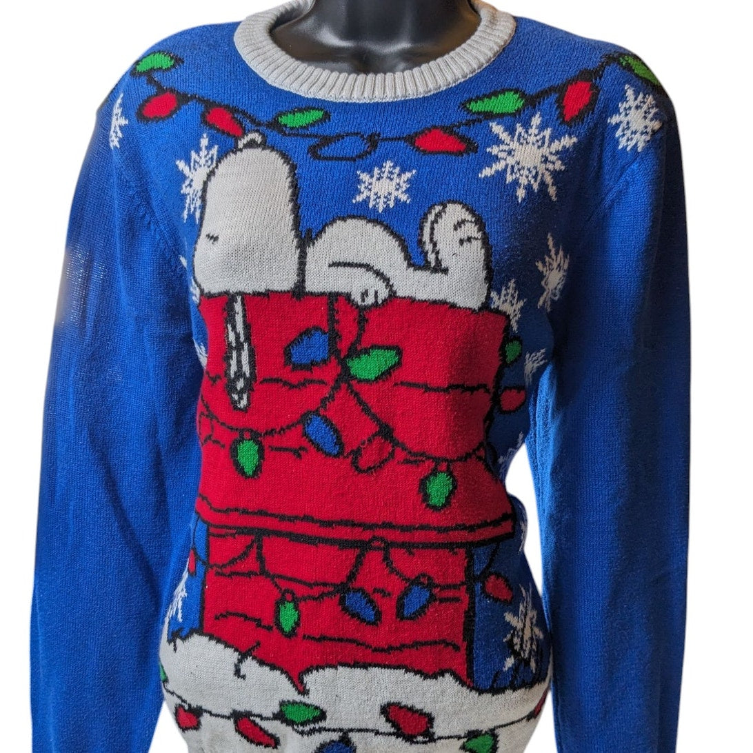 Peanuts Snoopy Christmas Sweater Womens Small Ugly Holiday Pullover Snowflakes