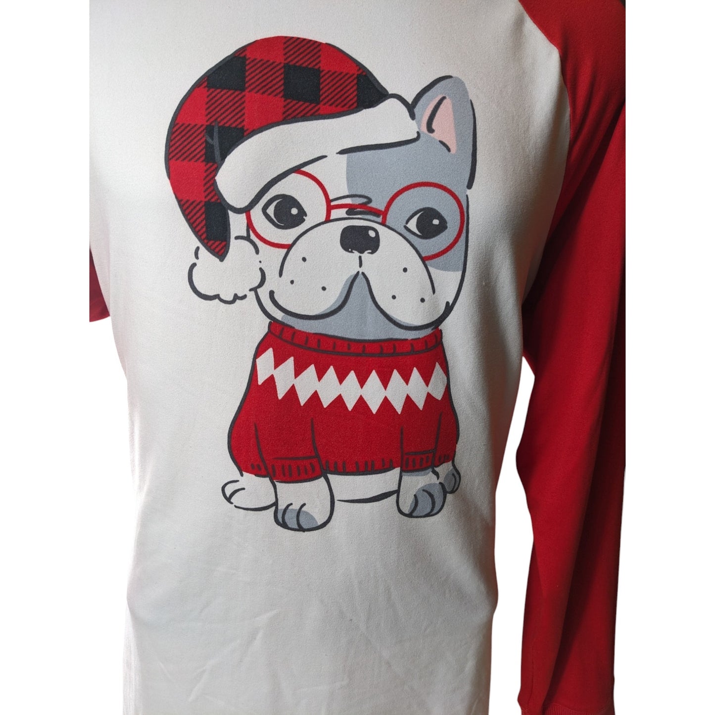 Cuddl Duds Bulldog Mens Large Jammies Christmas Pajama Shirt Red Long Sleeve Top