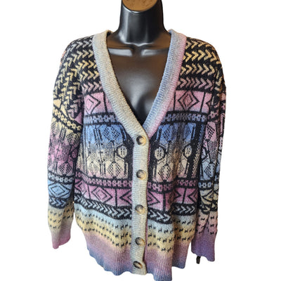 Paris Hues Cardigan Sweater Women Large Fair Isle Colorful Knit Boho Chic V Neck