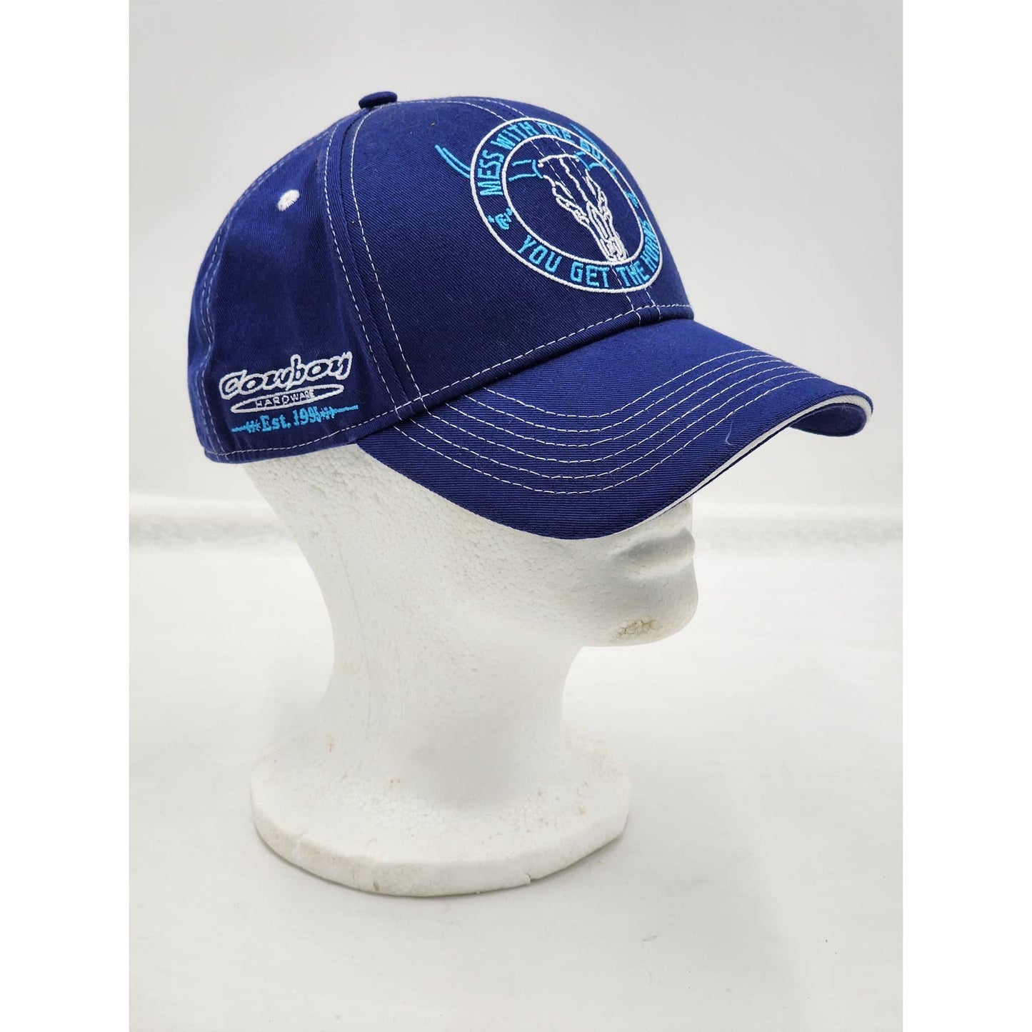 Cowboy Hardware Mess With Bull You Get Horn Hat Blue Cotton Snapback Trucker Cap