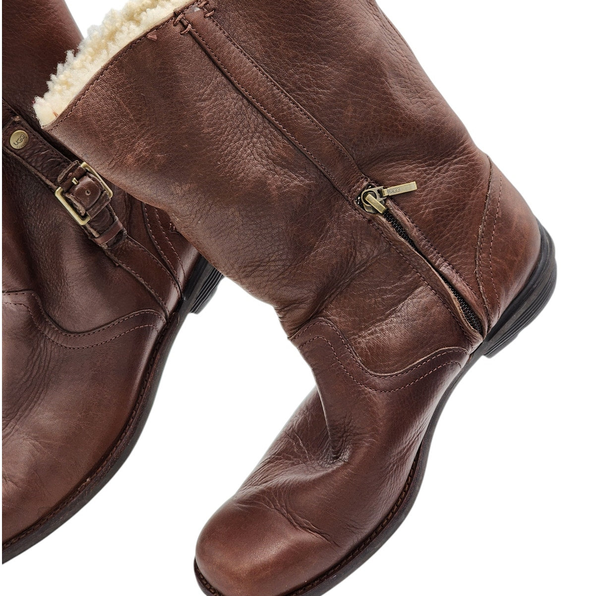 UGG Boots Women 8 Brown Leather Mid Shearling Line Side Zip Winter Bellevue 5745