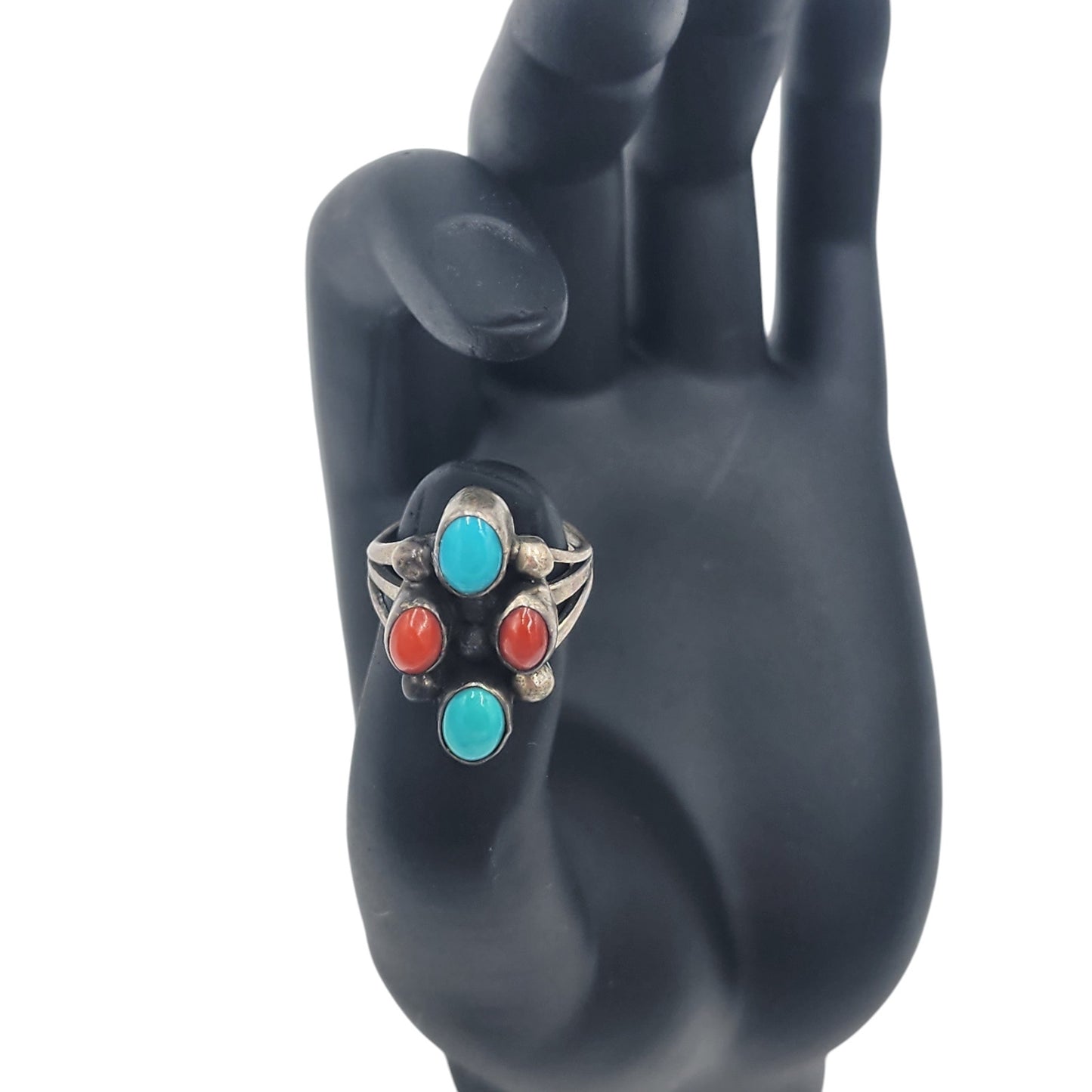 Navajo Turquoise Coral Sterling Silver Ring Native American Southwest 6g Size 5