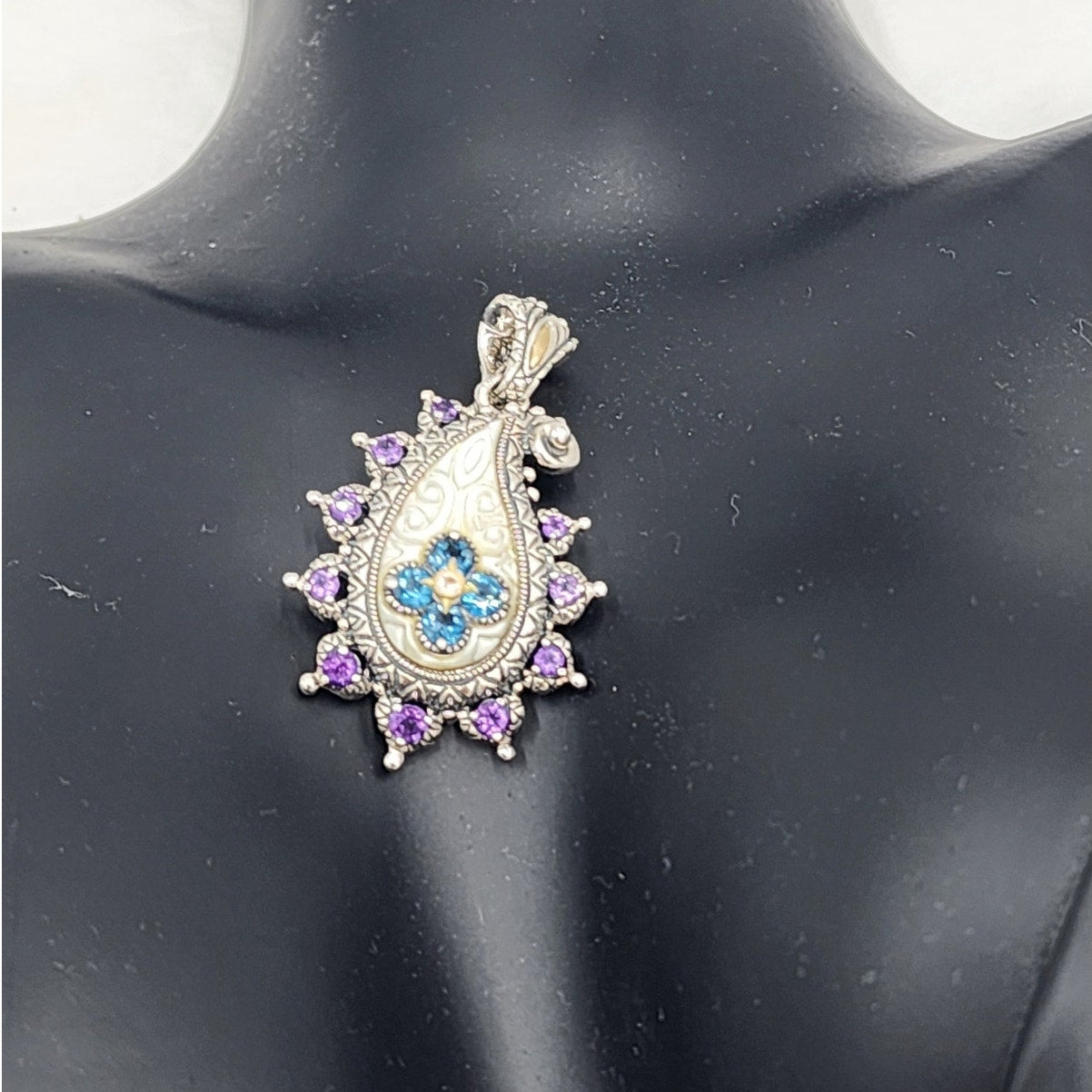 Barbara Bixby Jewelry Pendant Enhancer Amethyst Blue Topaz Sterling 18K Gold Mop