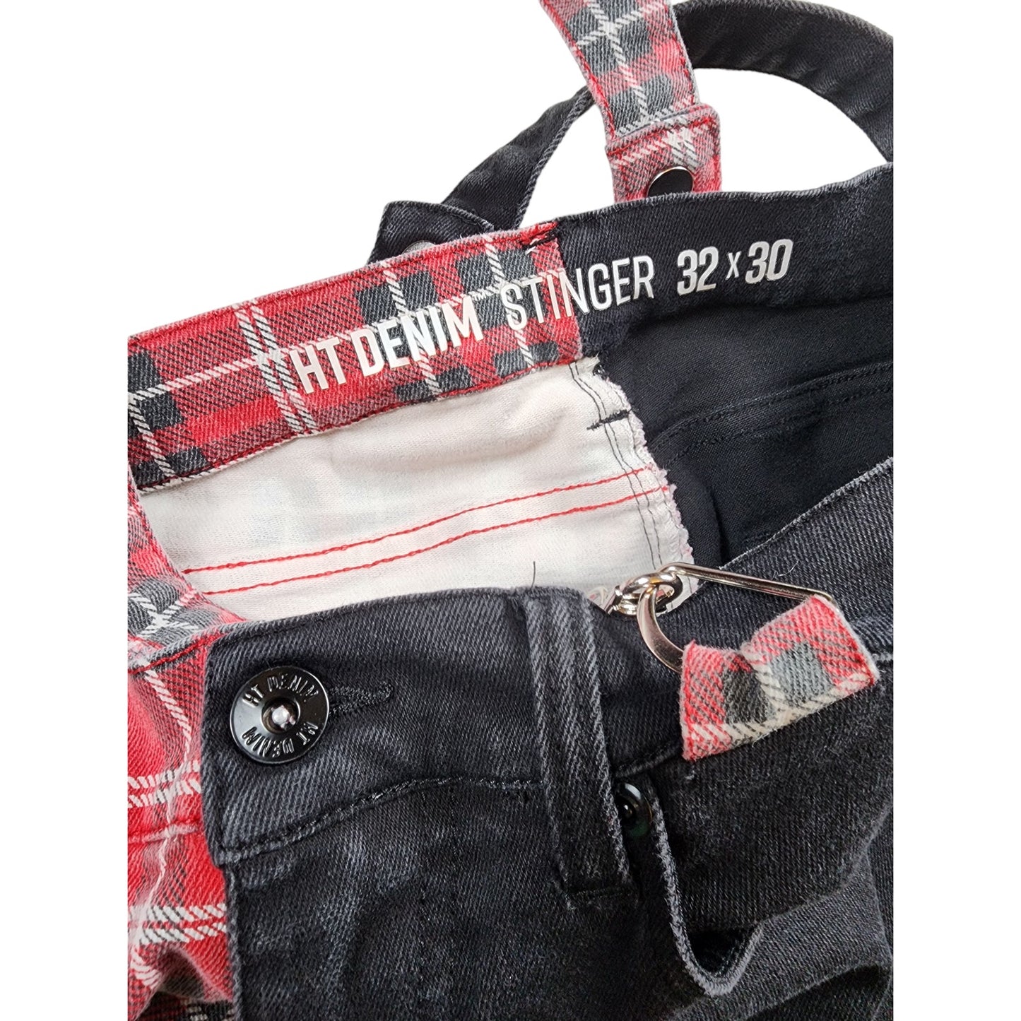 Hot Topic HT Denim Stinger Jeans Men 32x30 Split Leg Red Y2K Punk Goth Suspender