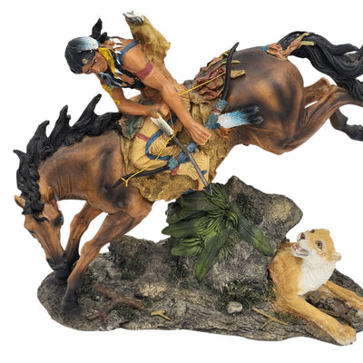 Indian Warrior Horseback Figurine Cougar Sculpture Southwestern Style Wild West