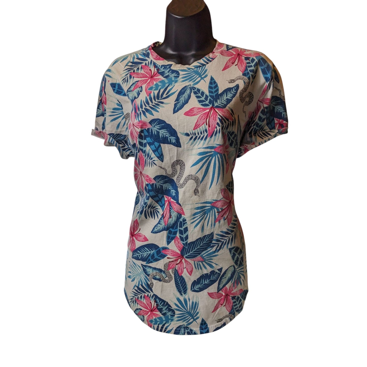 Hollister Top Womens Medium Short Curved Hem Tee Tropical Floral Snake T Shirt