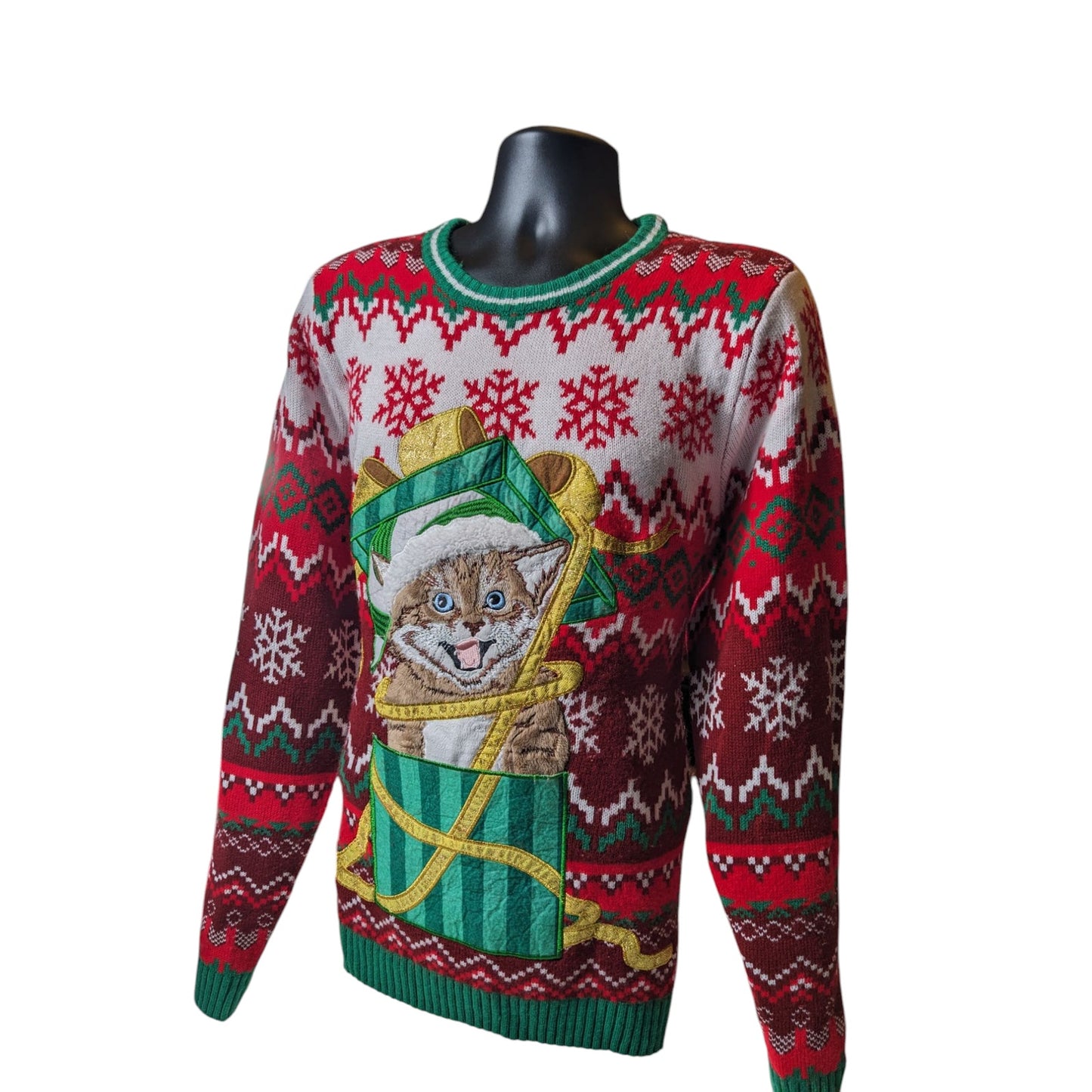 Holiday Time Ugly Christmas Sweater Mens Large Womens L-XL Kitten Cat Sweatshirt