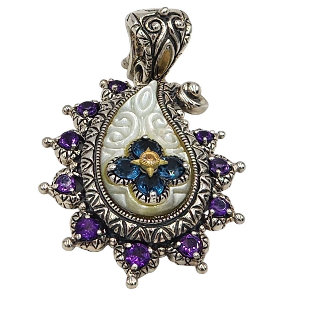 Barbara Bixby Jewelry Pendant Enhancer Amethyst Blue Topaz Sterling 18K Gold Mop