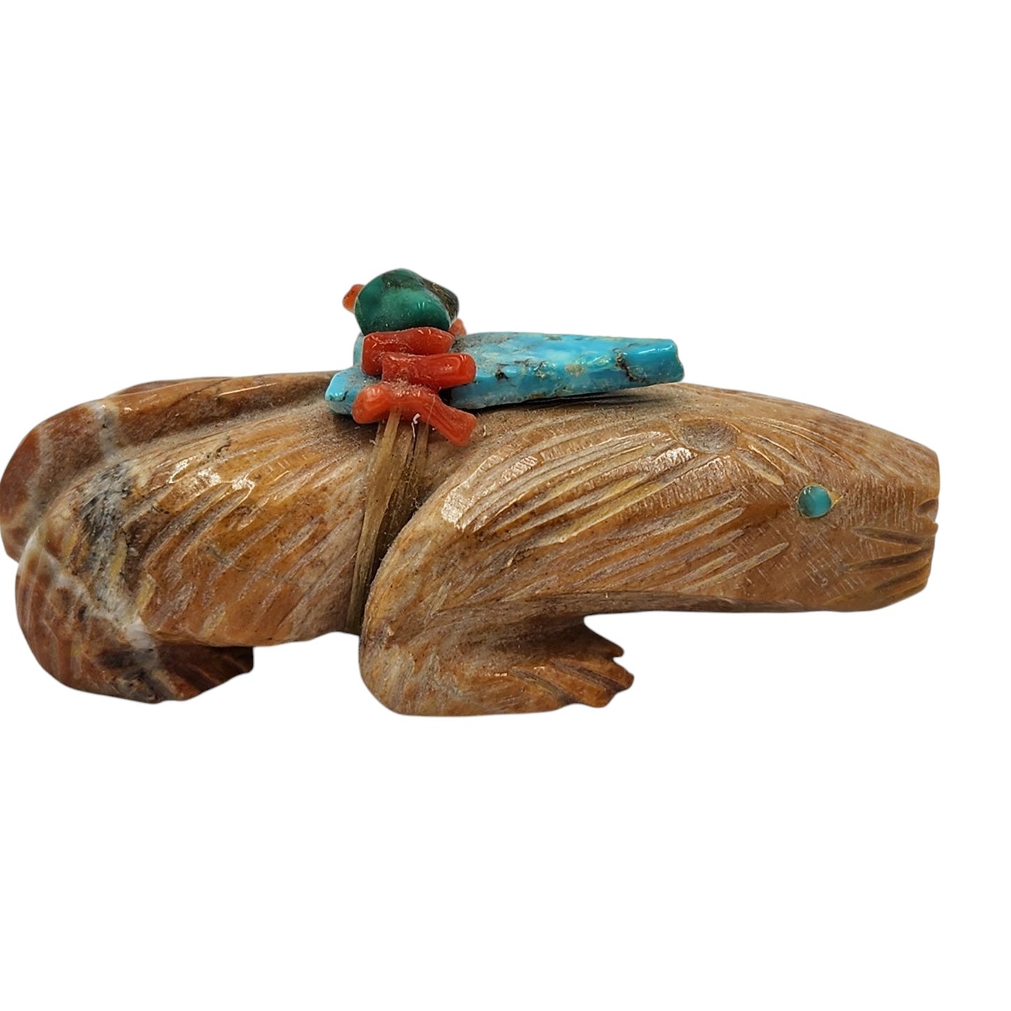 Native American Zuni Carved Beaver Fetish Offering Signed M.L. Turquoise Totem