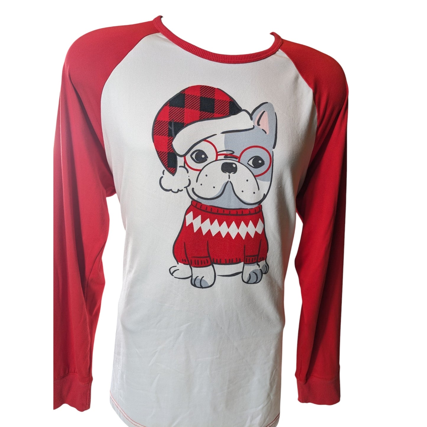 Cuddl Duds Bulldog Mens Large Jammies Christmas Pajama Shirt Red Long Sleeve Top