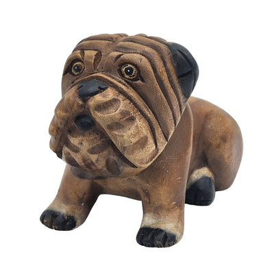 Vintage Bulldog Statue Carved Wooden Dog Figurine Farmhouse Animal Gift Decor 6"