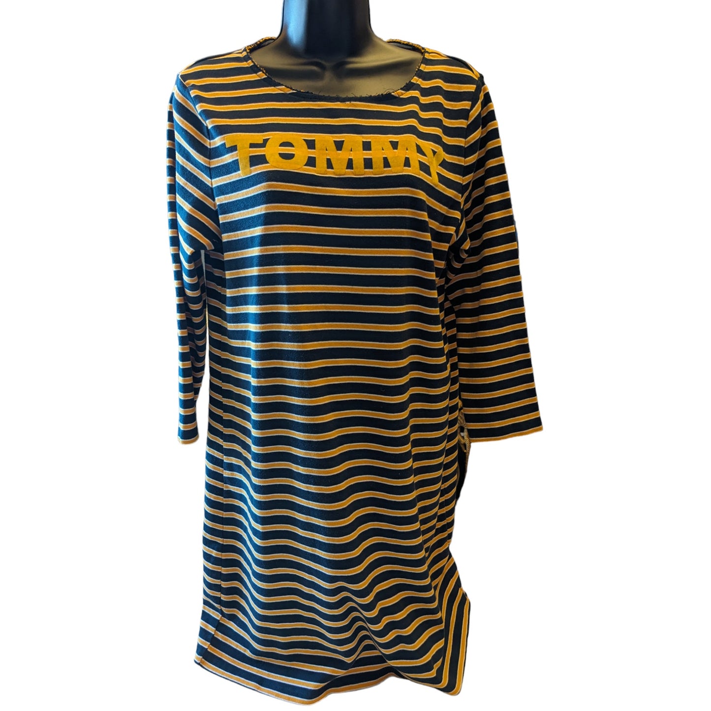 Tommy Hilfiger Denim T Shirt Dress Womens Large Striped Long Sleeve Navy Yellow