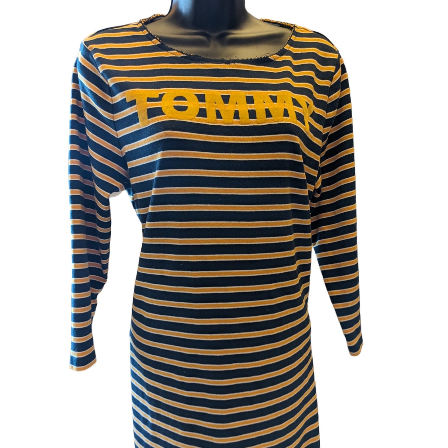 Tommy Hilfiger Denim T Shirt Dress Womens Large Striped Long Sleeve Navy Yellow