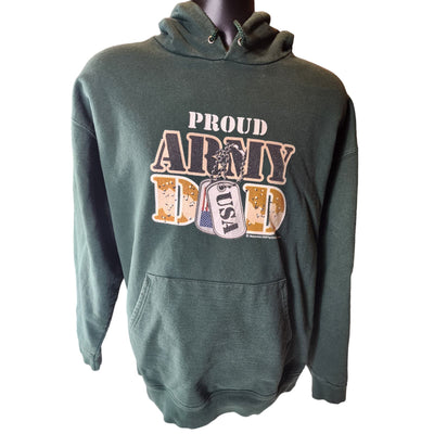 Proud Army Dad USA Mens XL Green Military Sweatshirt Patriotic Kangaroo Pocket