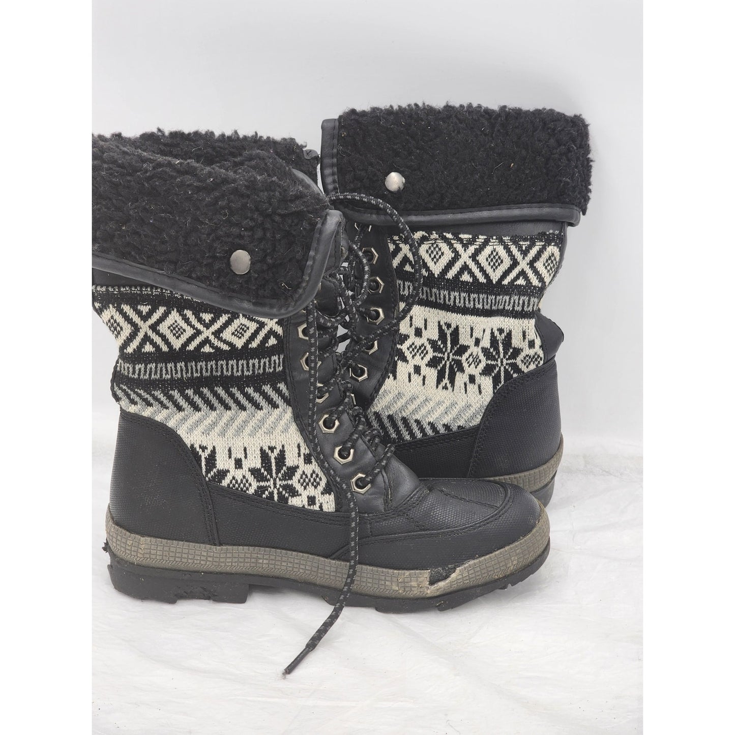 Rue 21 Boots Women 6/7 Knit Fair Isle Style Snow Boots Fold Over Faux Fur Lining