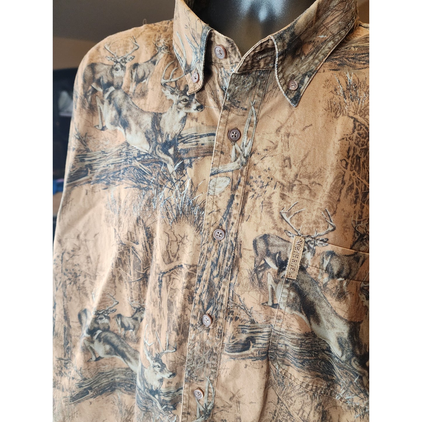 Noble River Hunting Shirt Men XXL Deer Camo Print Button Down Outdoorsman Rugged