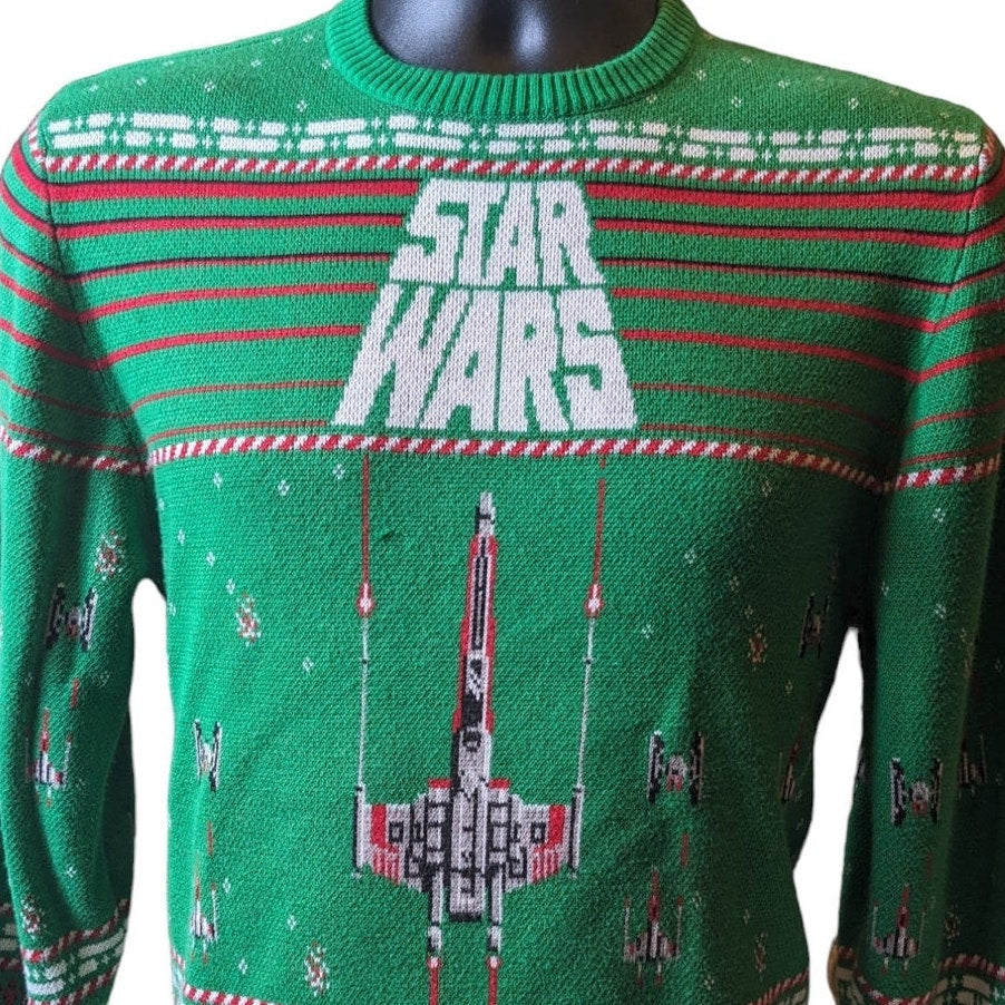 Star Wars Sweater Ugly Christmas Sweatshirt Womens Large Green X Wing Fighter