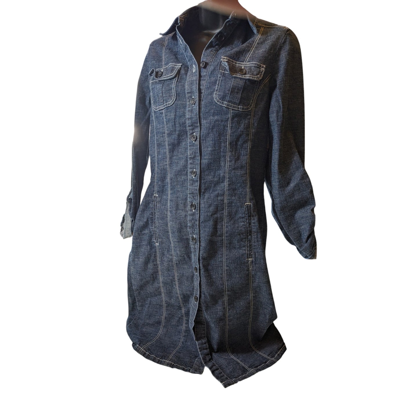 Simon Chang Denim Shirt Dress Womens 6 Blue Button Down Western Long Sleeve