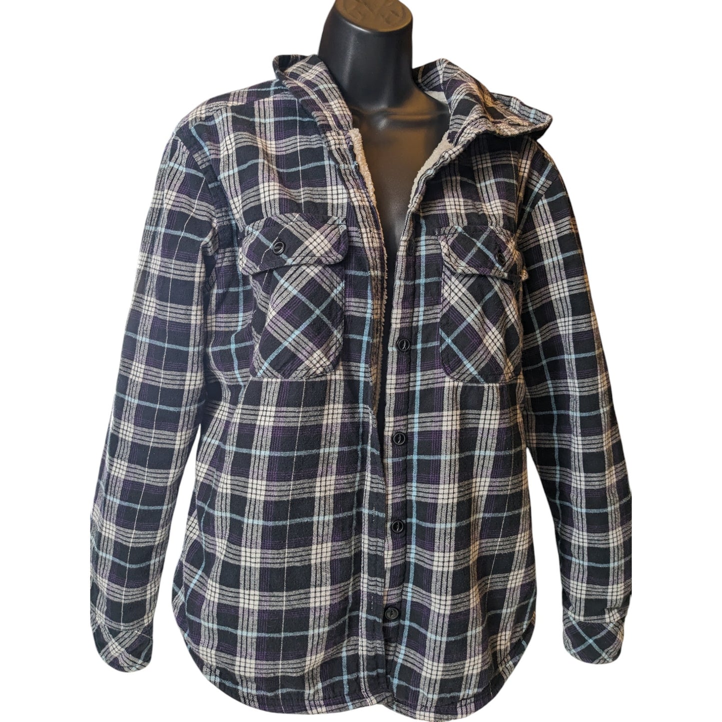 Boston Traders Flannel Jacket Shirt Women Large Sherpa Line Hooded Plaid Shacket