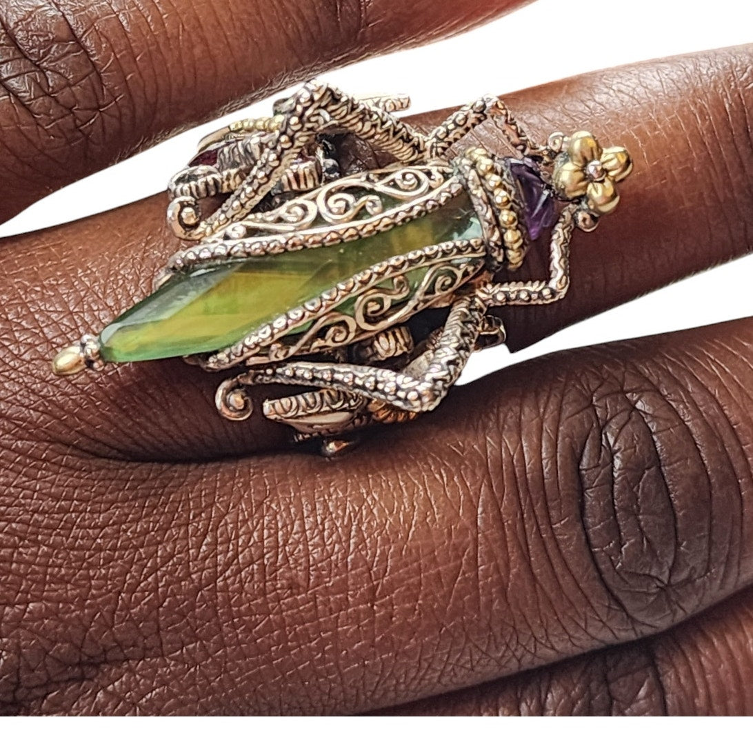 Barbara Bixby Jewelry Grasshopper Sterling Silver 18K Gold Filigree Ring Size 10