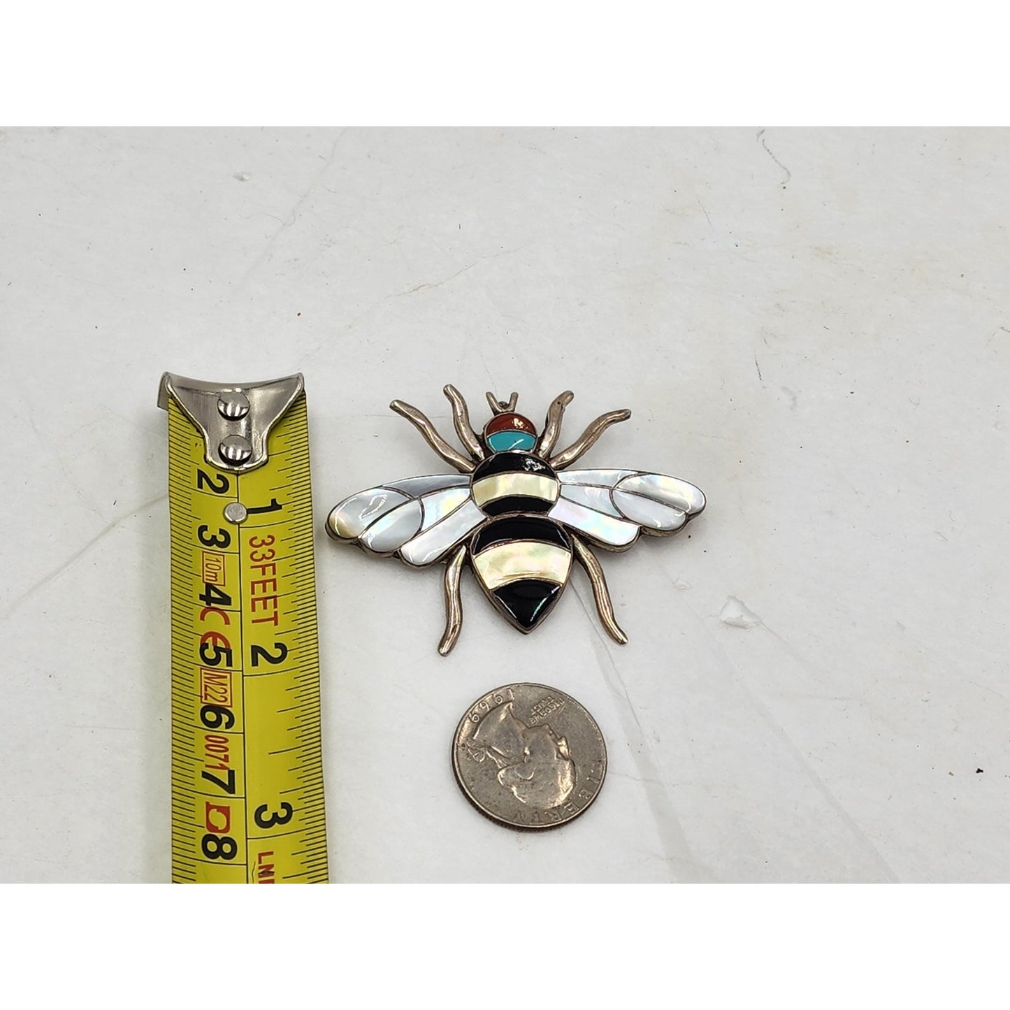 Vintage Native American Porfilio Sheyka Zuni Bee Brooch Pendant Turquoise Inlay