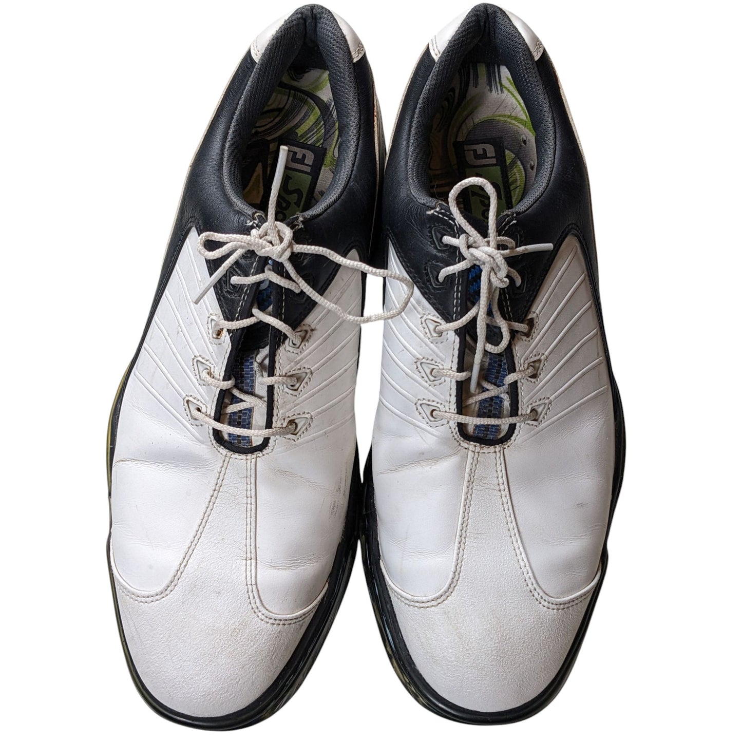 FootJoy Golf Shoes Mens 10.5M White Black Leather Spiked Cleats Flex Zone 53139