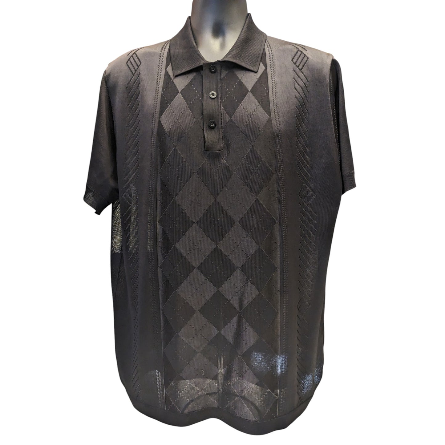 Saint Lorenzo Polo Shirt Mens 3X Sheer Knit Black Diamond Argyle Short Sleeve