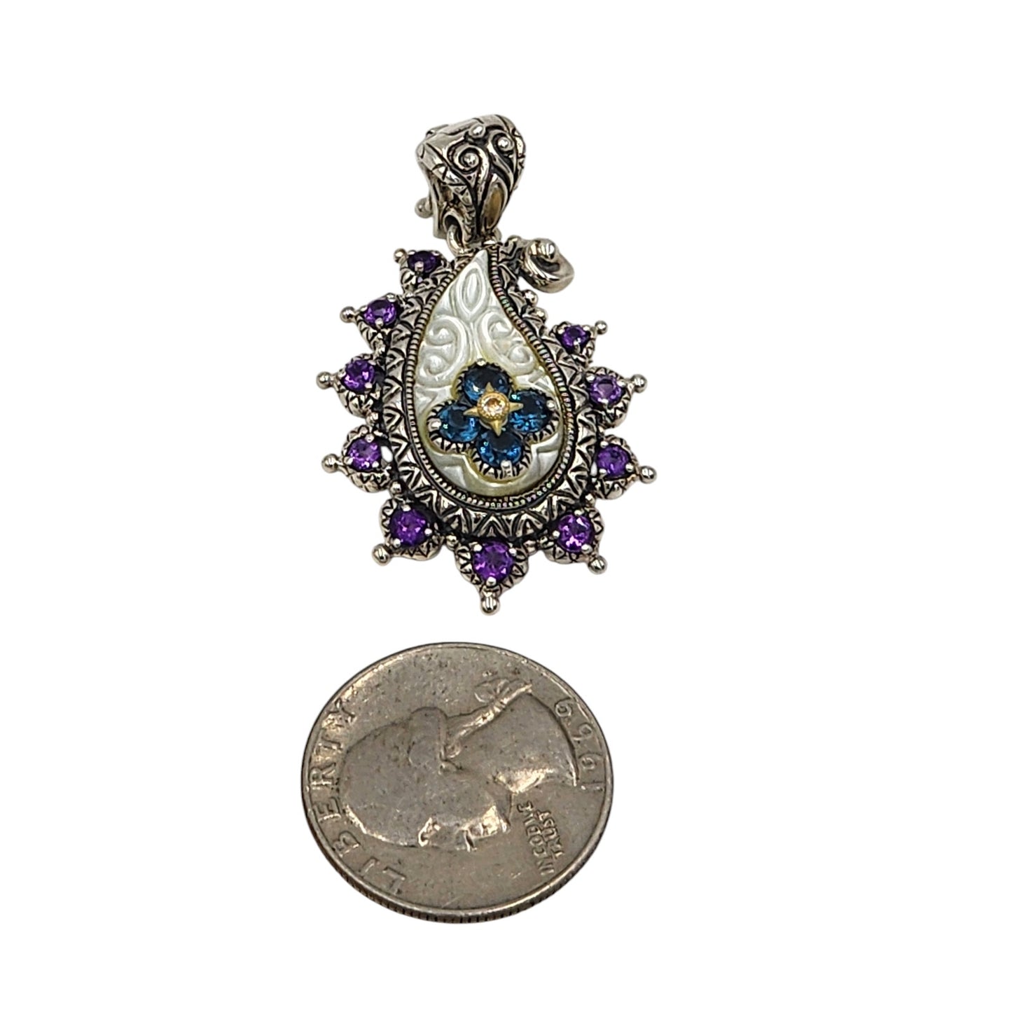 Barbara Bixby Jewelry Pendant Enhancer Amethyst Blue Topaz Sterling 18K Gold Mop