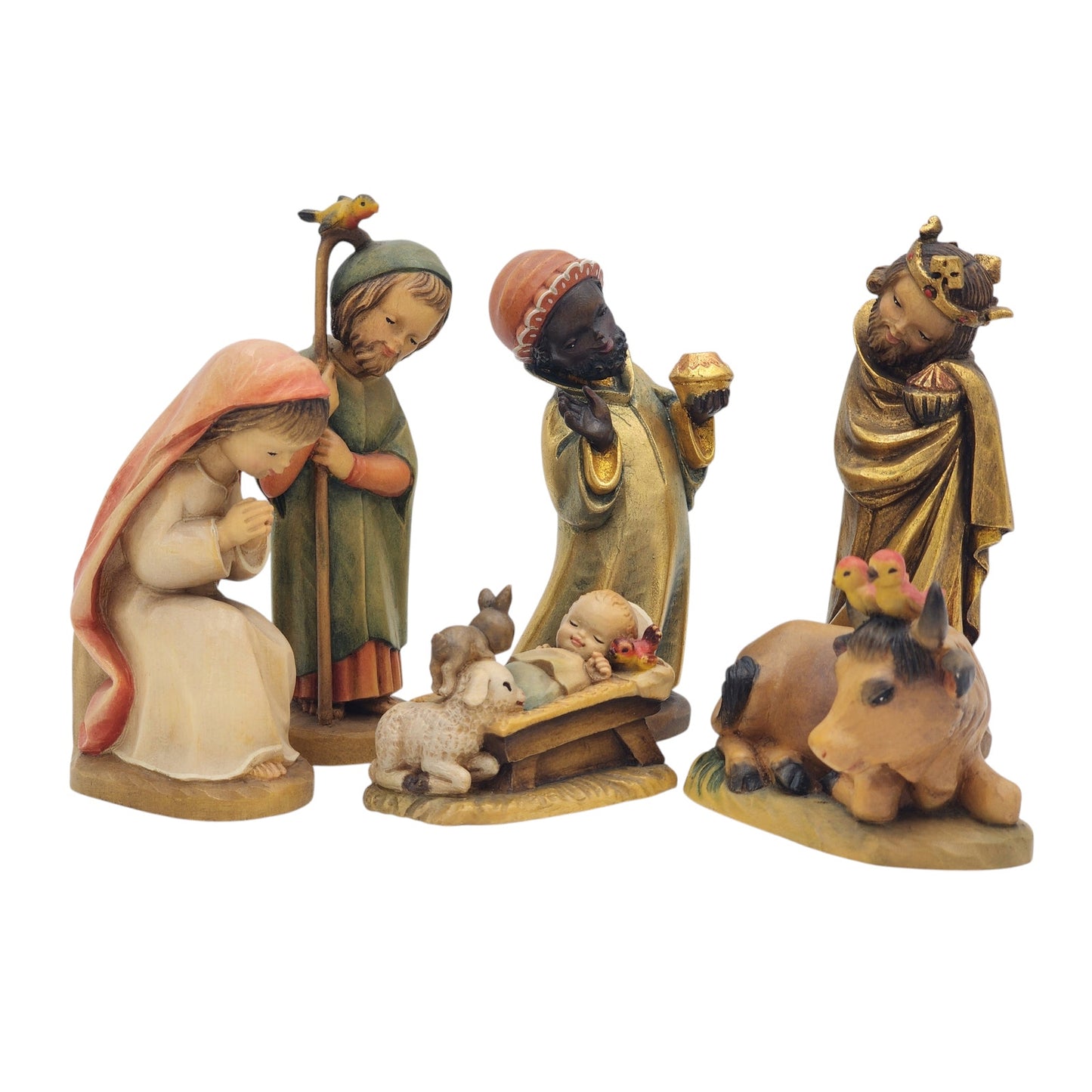 Vintage ANRI Nativity Set 6 Wood Italy Jesus Joseph Mary Balthasar Caspar Ox 6"