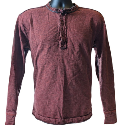 32 Bar Blues Henley Mens Medium Burgundy Long Sleeve Distressed Look Elbow Patch