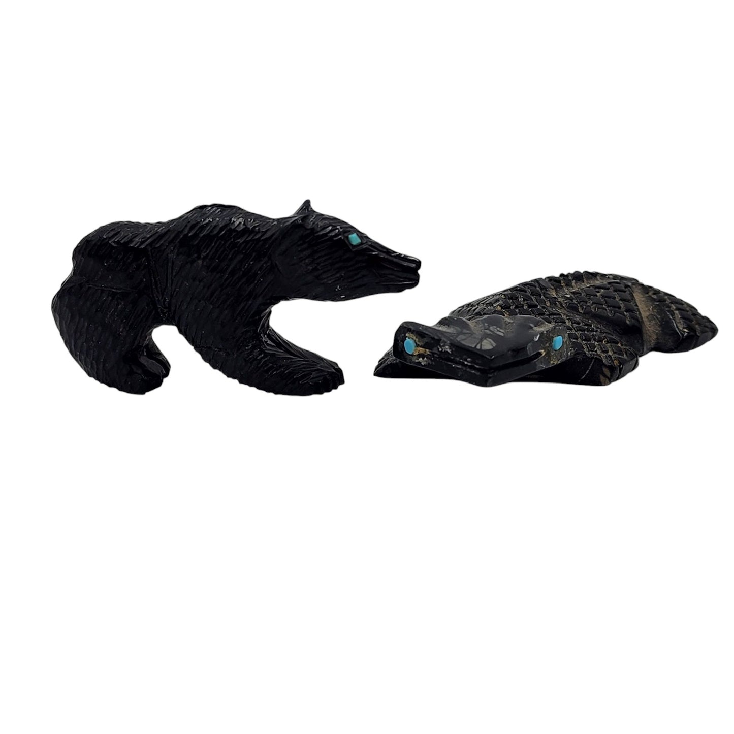 Native American Zuni Hand Carved Bear Alligator Fetishes Black Stone Turquoise