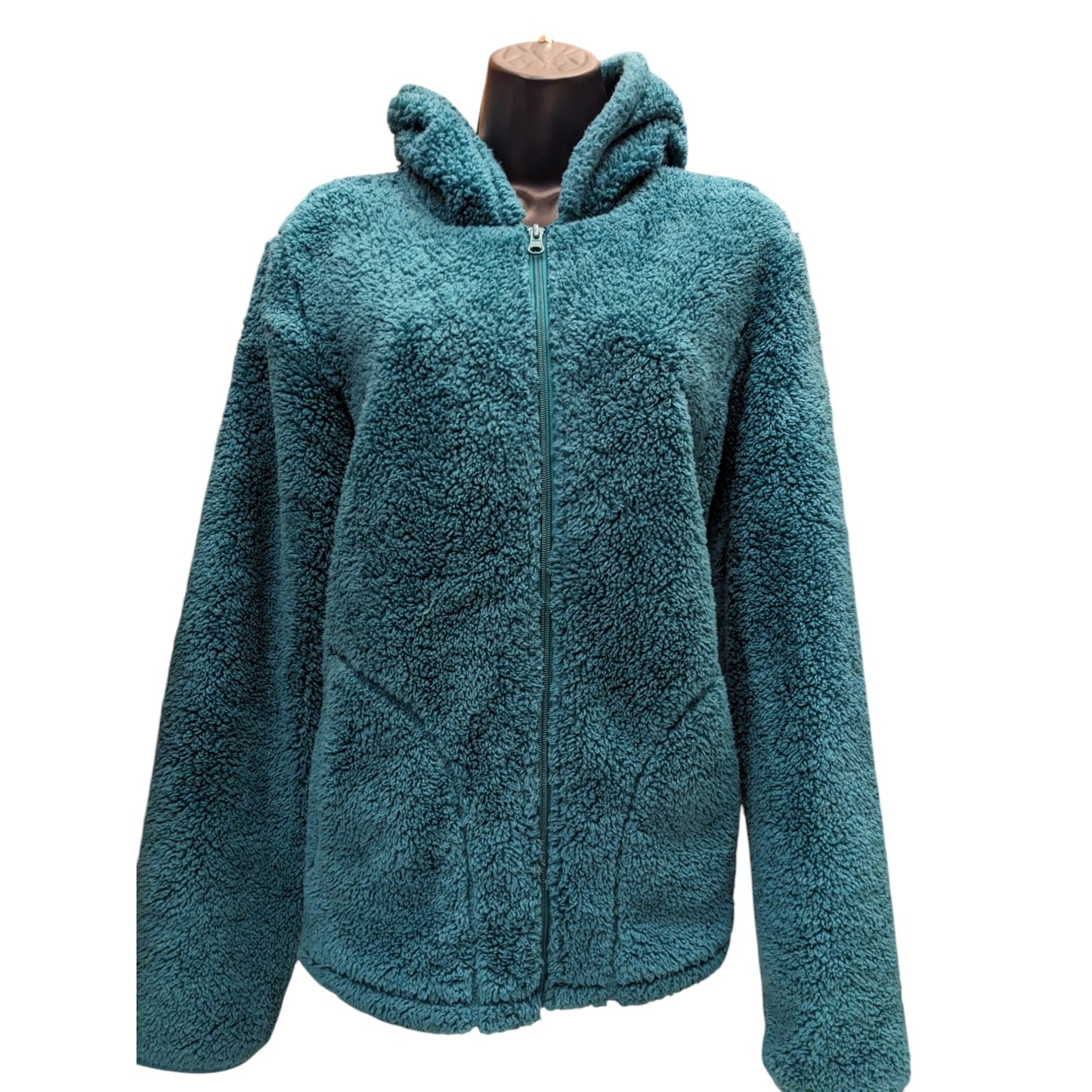 Faded Glory Sherpa Fleece Jacket Womens Large 12-14 Teal Hooded Zip Cozy Lounge