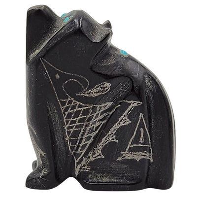 Native American Zuni Black Marble Bear Fetish Carved Stone Signed Turquoise