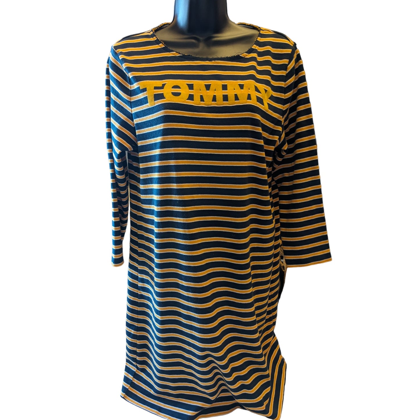 Tommy Hilfiger Denim T Shirt Dress Womens Large Striped Long Sleeve Navy Yellow