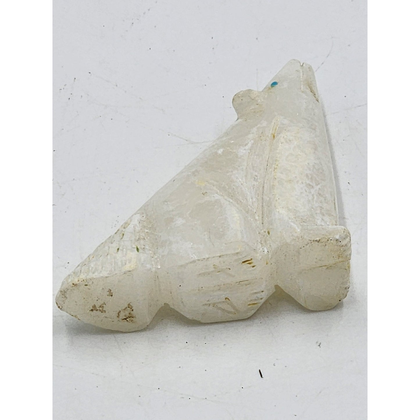 Native American Zuni Carved White Alabaster Howling Wolf Fetish Turquoise Signed