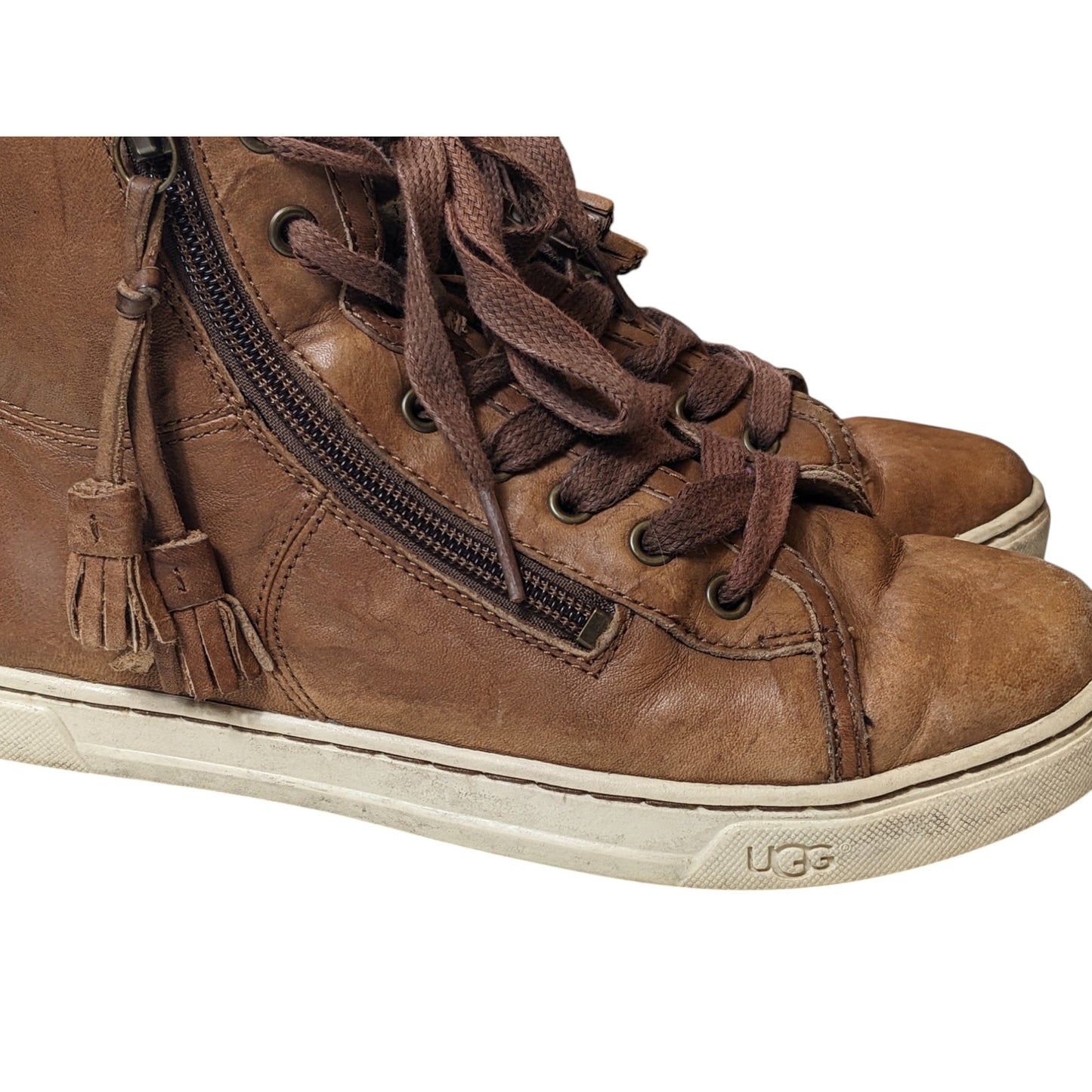 UGG Shoes High Top Blaney Sneakers Womens 8 Brown Leather Side Zippers 1009885