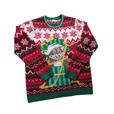 Holiday Time Ugly Christmas Sweater Mens Large Womens L-XL Kitten Cat Sweatshirt