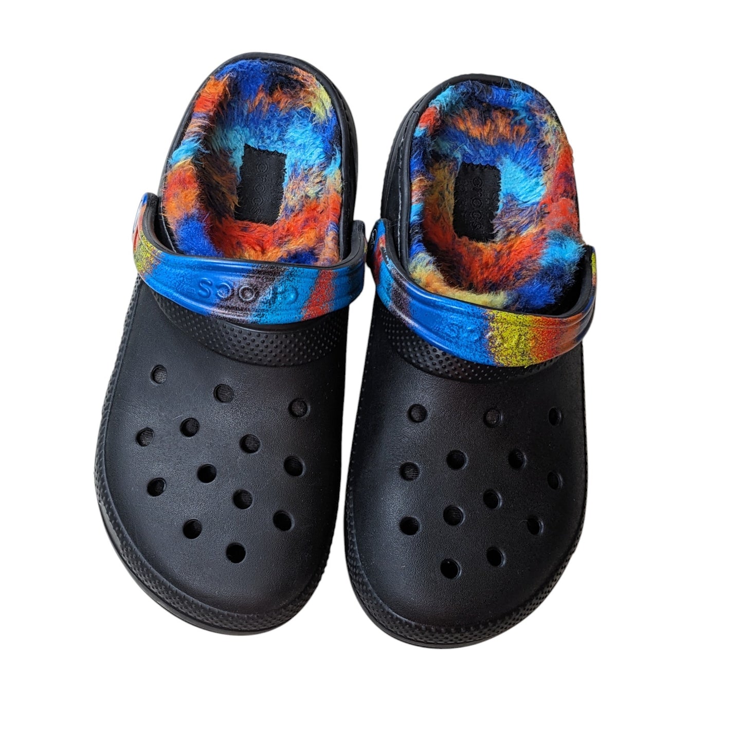 Crocs Fleece Lined Clog Black Multicolor Tie Dye Fuzzy Lining Mens 9 Womens 11