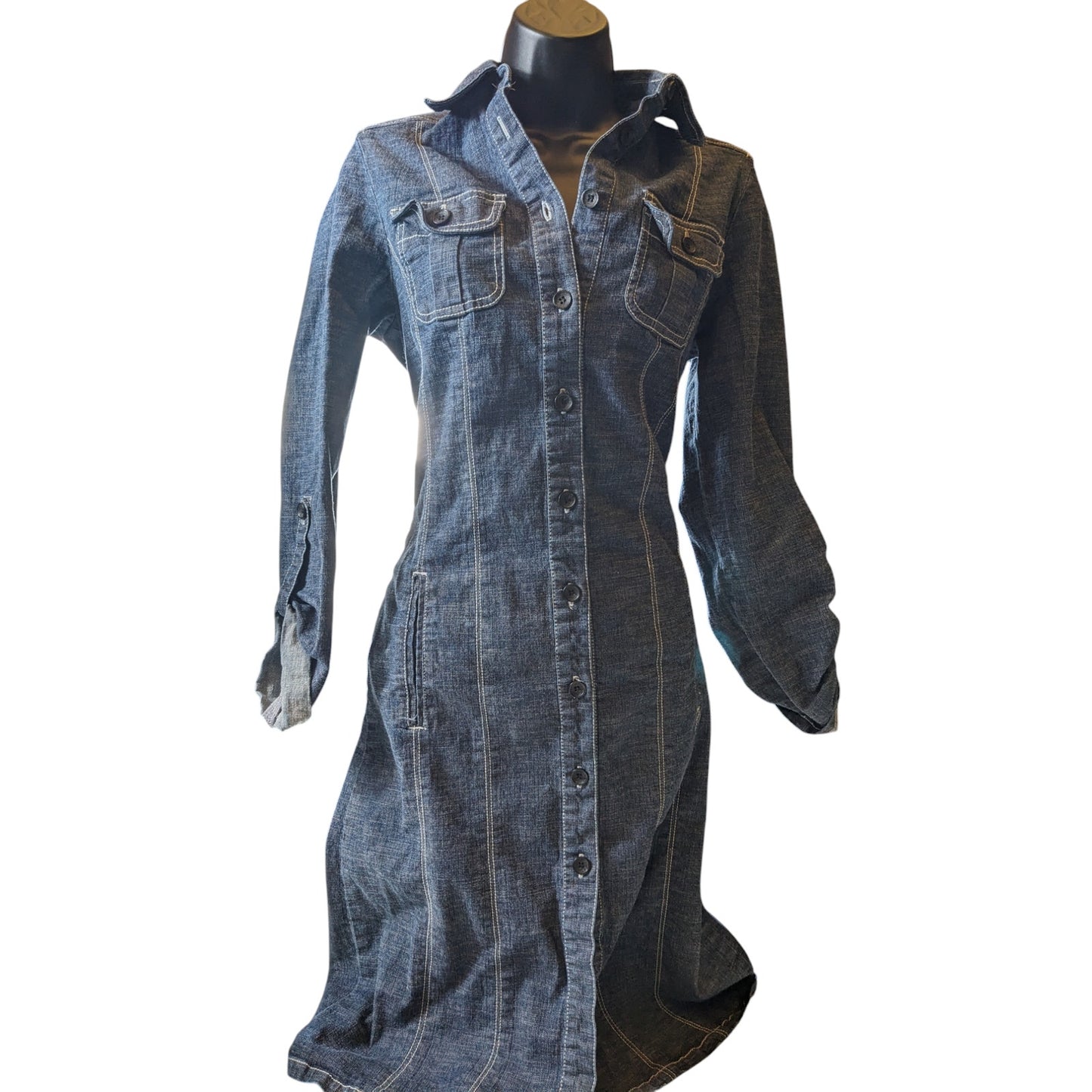 Simon Chang Denim Shirt Dress Womens 6 Blue Button Down Western Long Sleeve