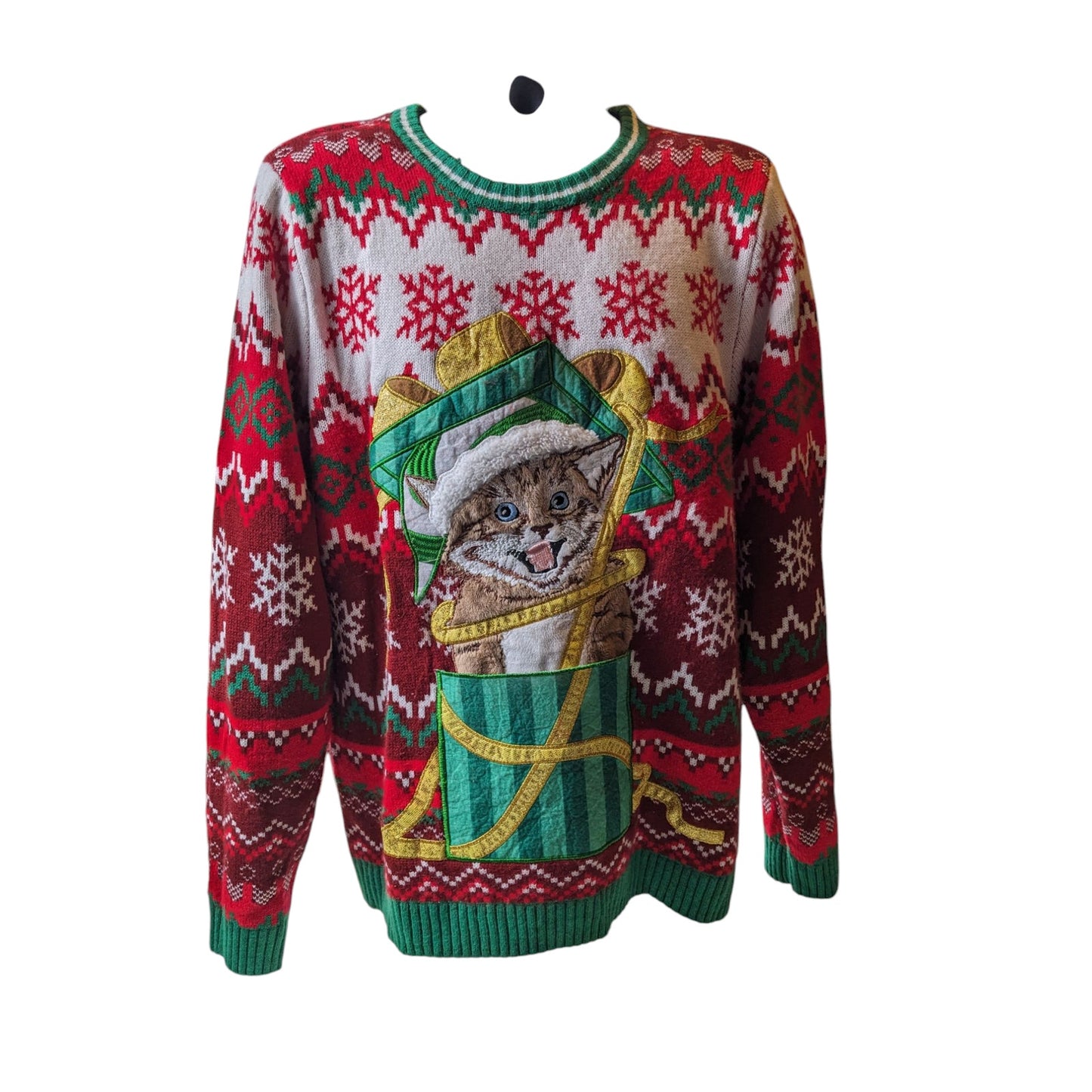 Holiday Time Ugly Christmas Sweater Mens Large Womens L-XL Kitten Cat Sweatshirt