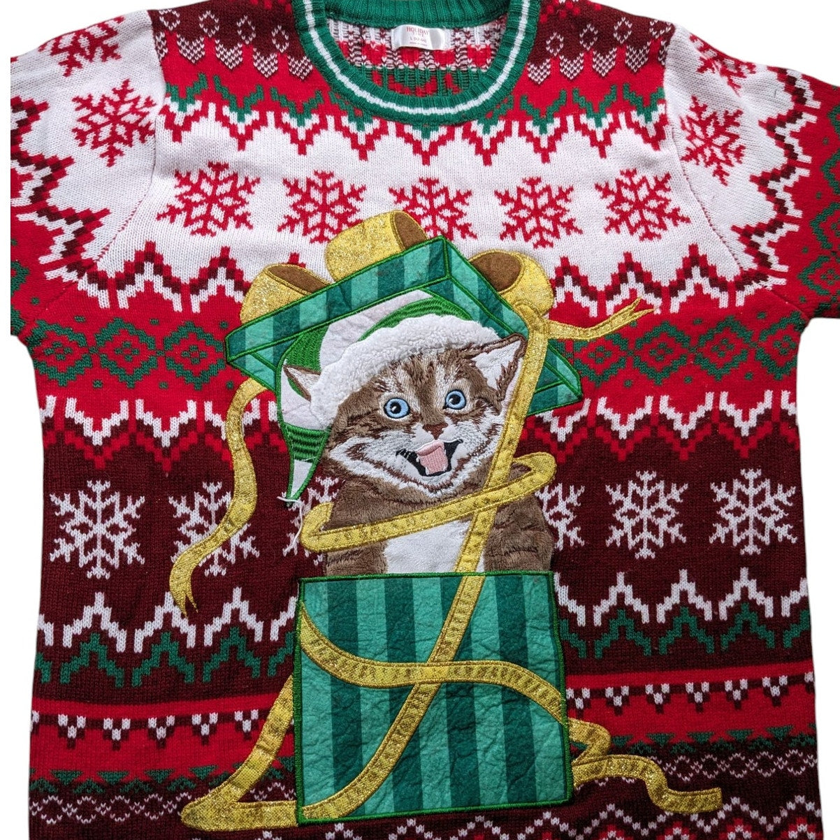 Holiday Time Ugly Christmas Sweater Mens Large Womens L-XL Kitten Cat Sweatshirt