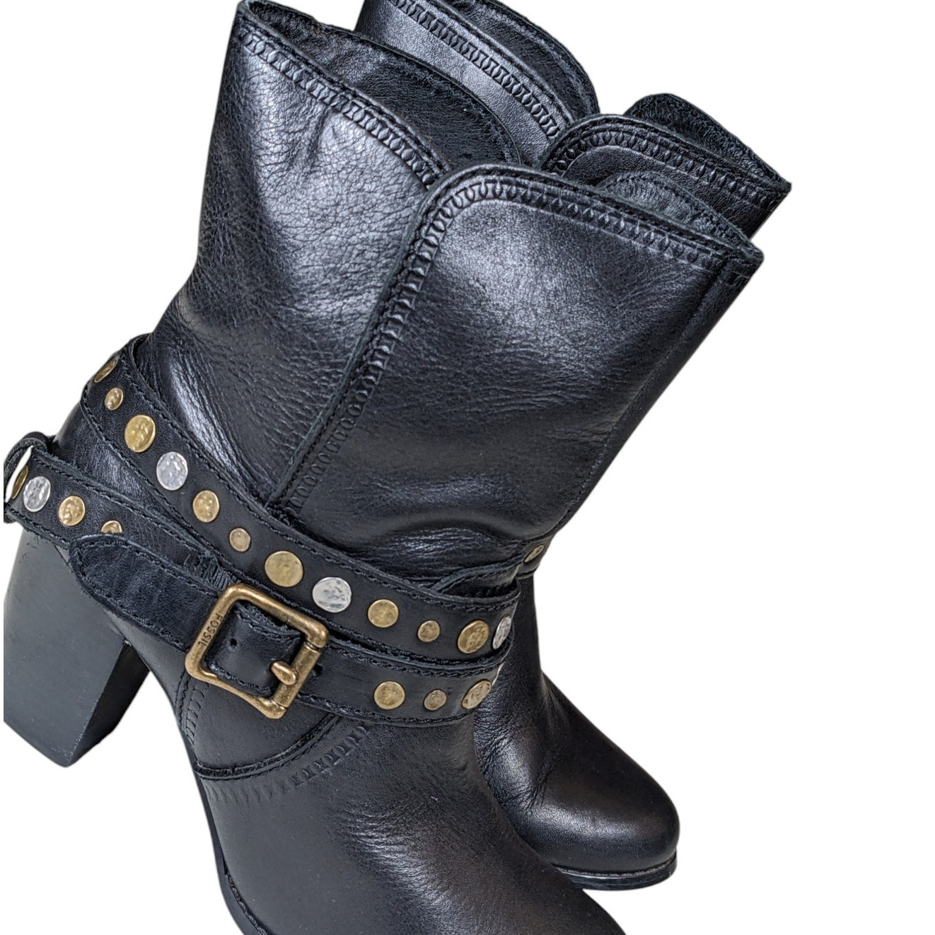 Fossil Boots Womens Size 7 Black Leather Ankle Studded Western Style Chunky Heel