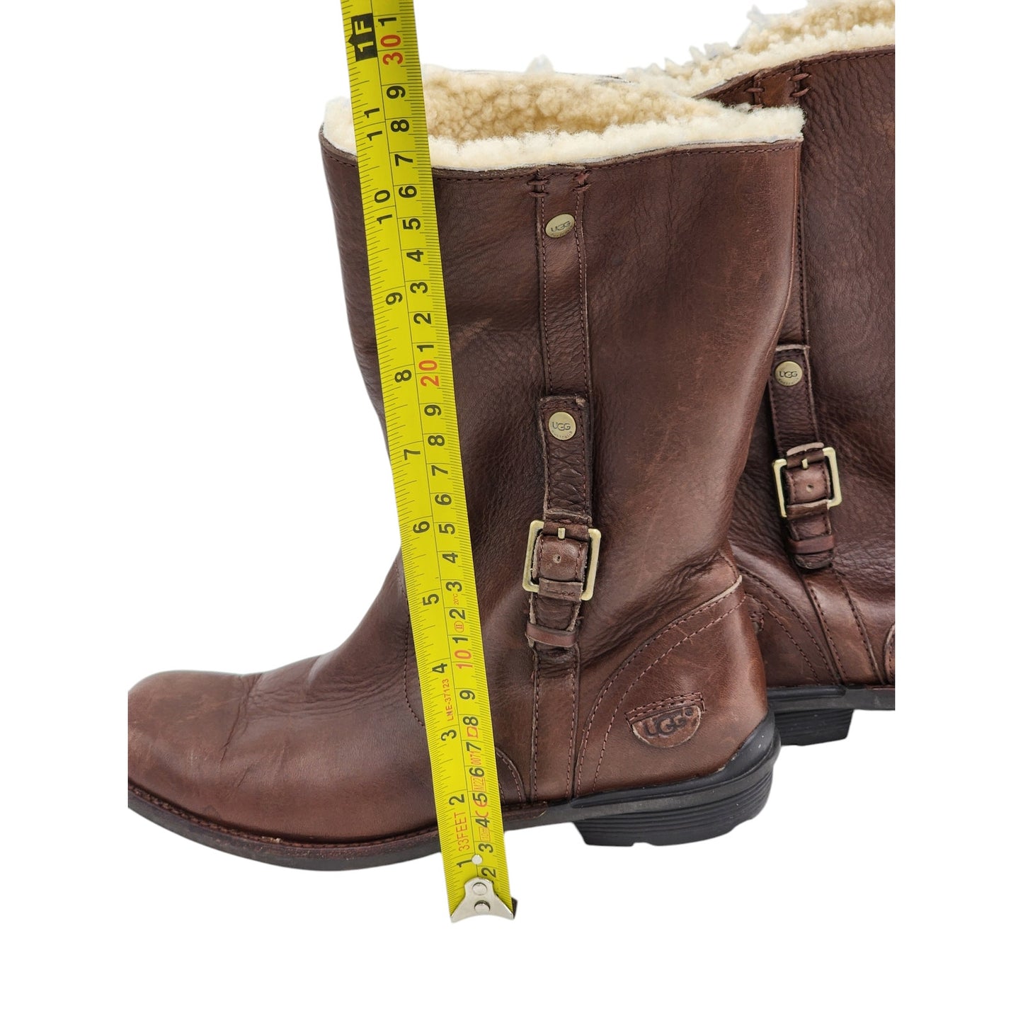 UGG Boots Women 8 Brown Leather Mid Shearling Line Side Zip Winter Bellevue 5745