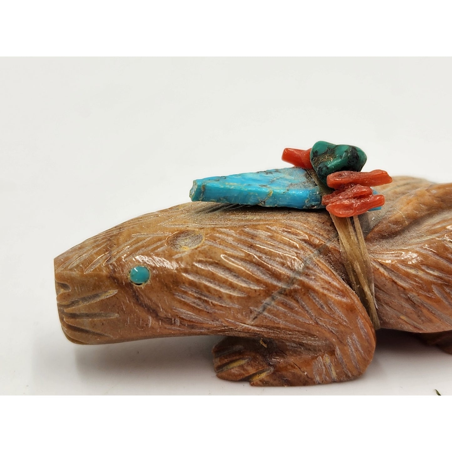 Native American Zuni Carved Beaver Fetish Offering Signed M.L. Turquoise Totem